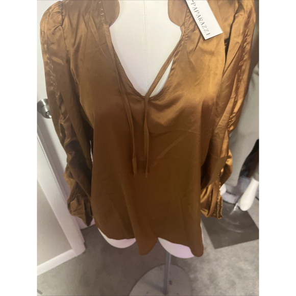 Women’s Rouched Long Sleeve Silky Soft Copper Vneck Blouse By Paparazzi - Picture 7 of 15